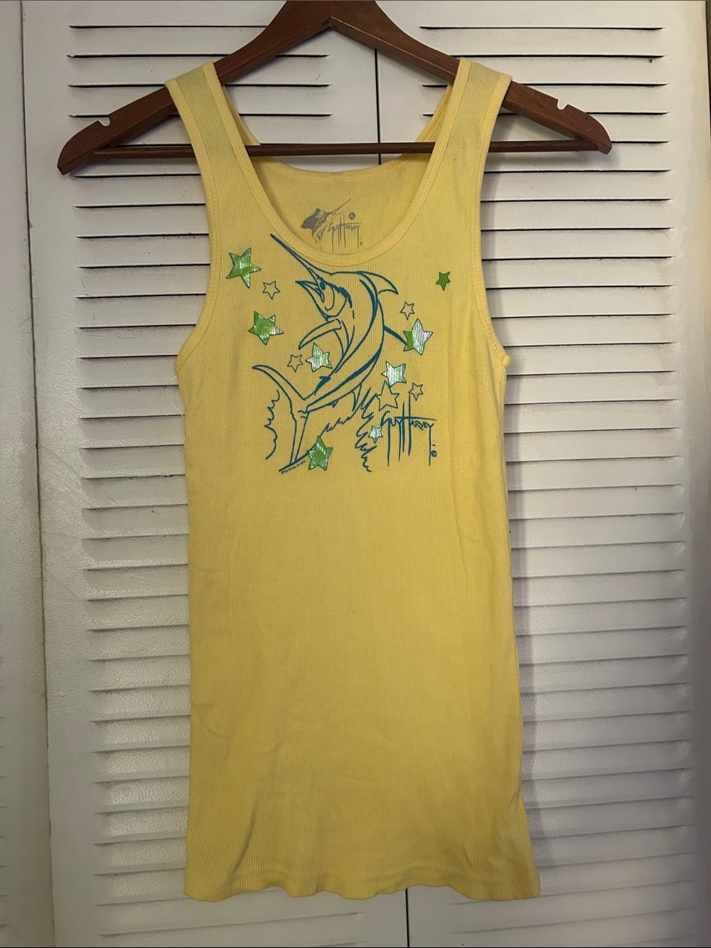 Guy Harvey Yellow Tank with Teal Marlin and Green Star Accents